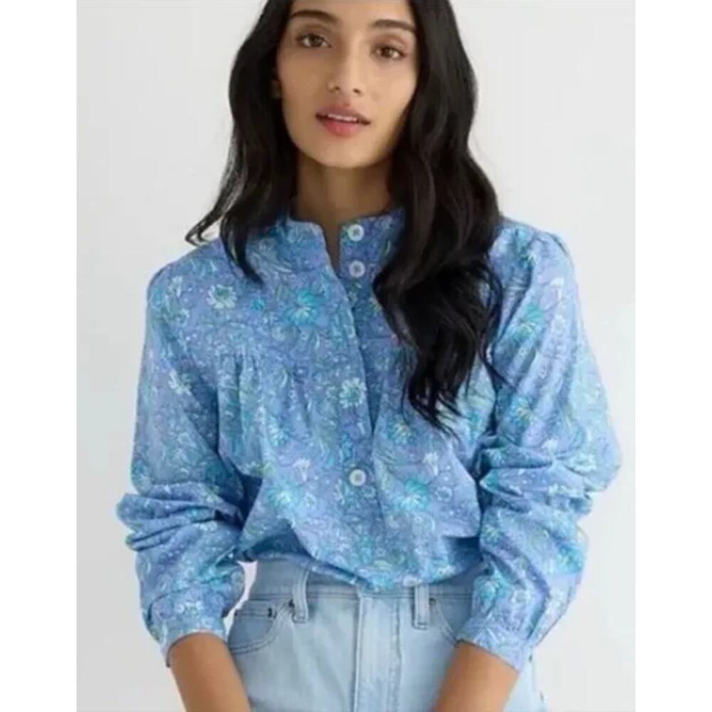 J. Crew Blue Fresco Poplin Floral Top Size Small